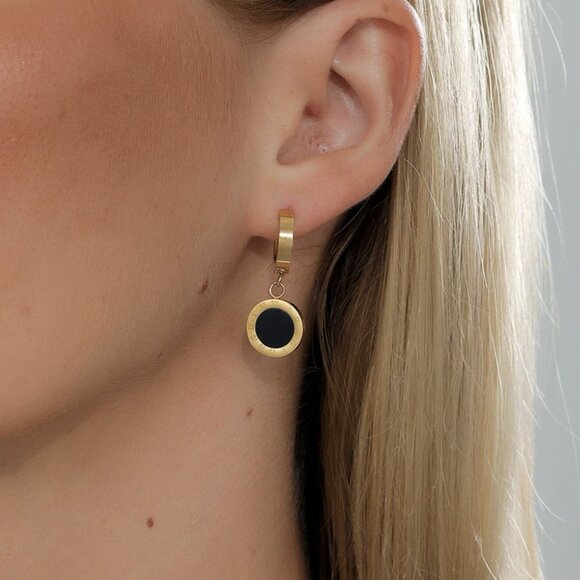 Stainless Steel Roman Numeral Edges Circle Dangle Hoop Earrings NWT - Picture 2 of 3